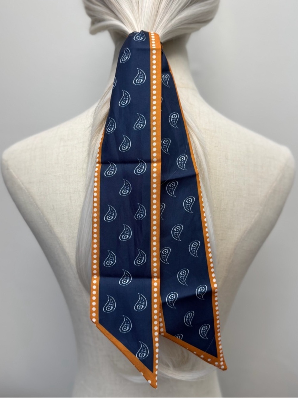 Navy Blue Paisley Skinny Scarf Orange Trim Hair Tie Twilly Neck Scarf - Picture 6 of 6